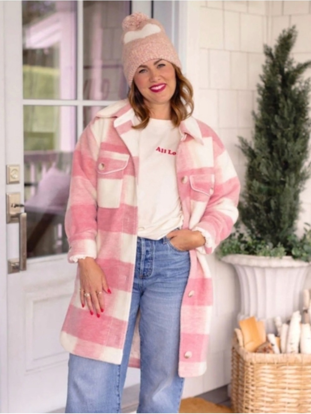 Joe Fresh x Jillian Harris Quilted Plaid Shacket Pink White Size Small - Picture 1 of 10